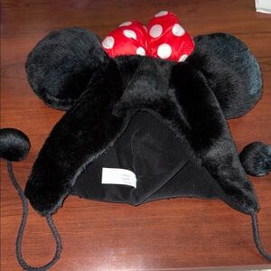 Minnie Mouse Black Faux Fur Hat with Red Bow